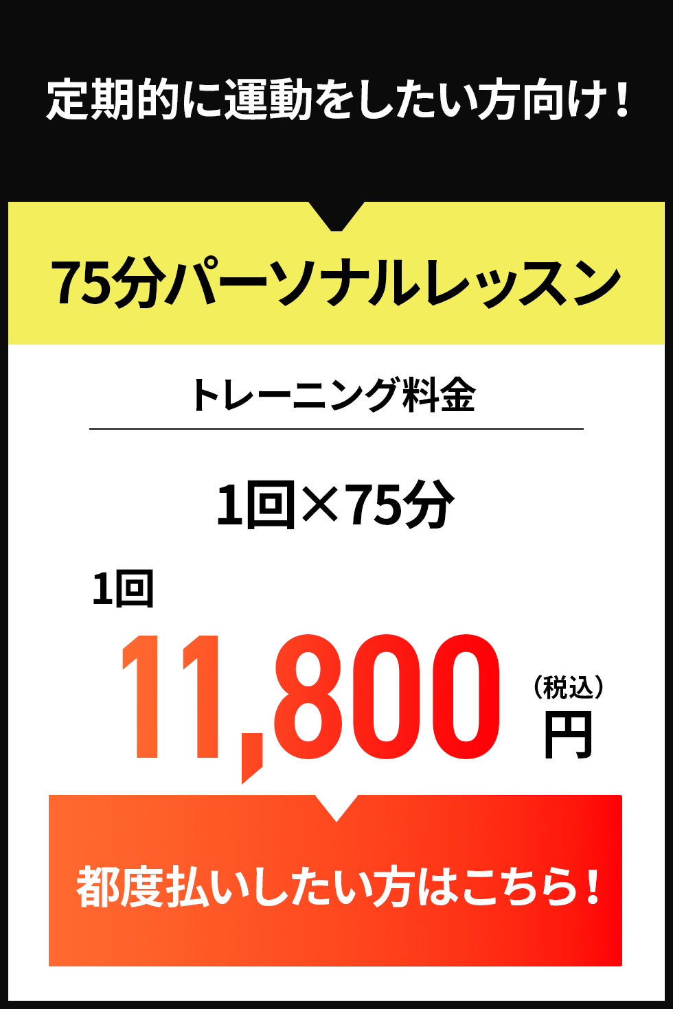 迷ったらこのコース！！　2週間チャレンジ体験コース　トレーニングダイエット料金　週2回×75分（計4回）半月額34,800円　先着5名限定