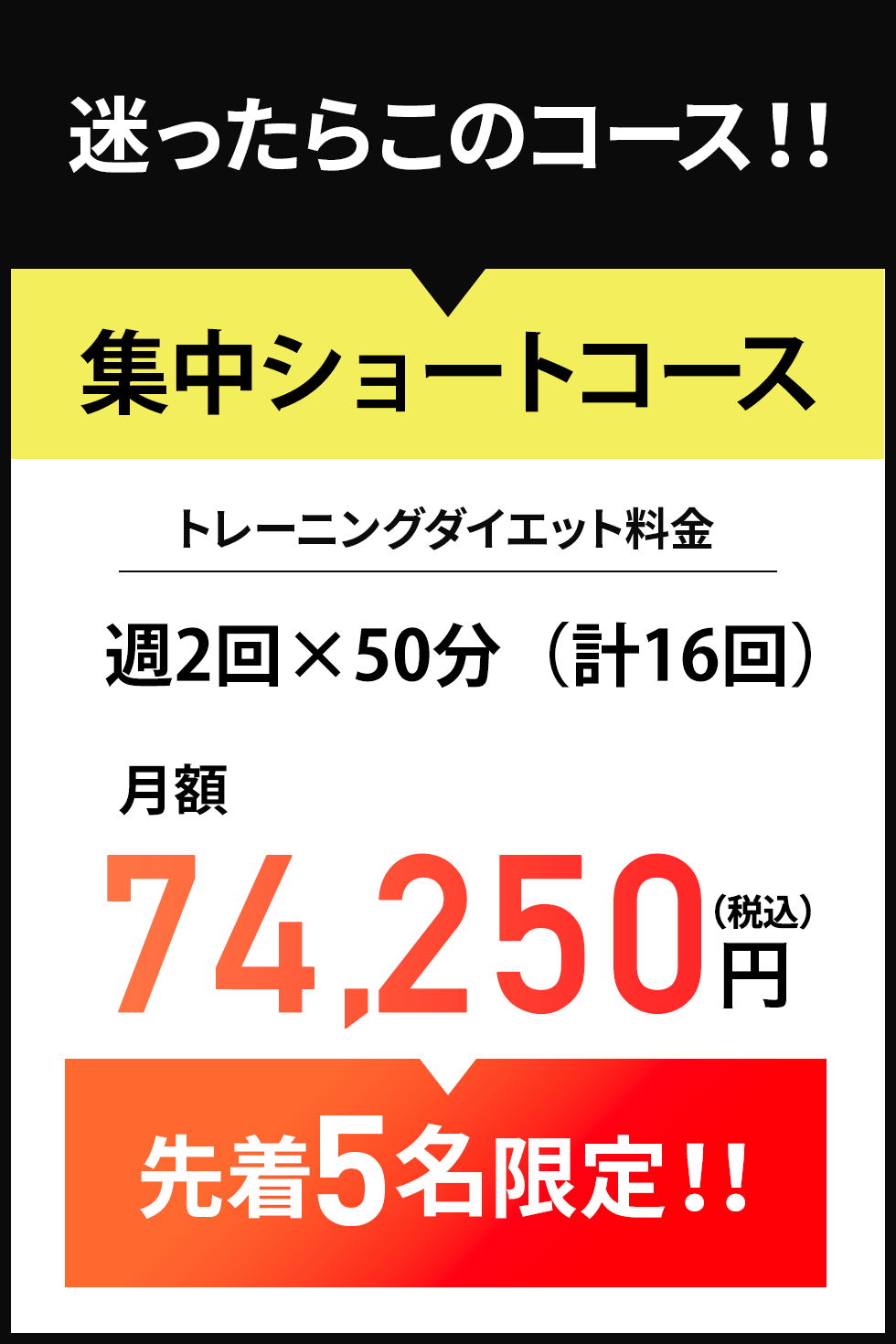 迷ったらこのコース！！　2週間チャレンジ体験コース　トレーニングダイエット料金　週2回×75分（計4回）半月額34,800円　先着5名限定